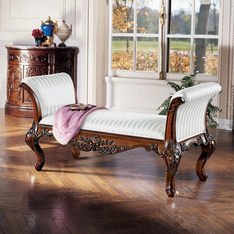 Elegant Ivory Jacquard 5-Foot Upholstered Hardwood Bench