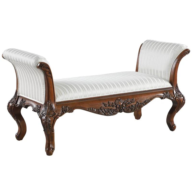 Elegant Ivory Jacquard 5-Foot Upholstered Hardwood Bench