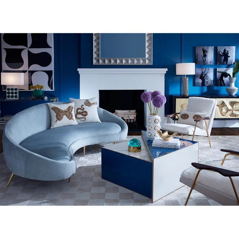 Bergamo Azure Velvet Ether Curved Sofa with Polished Brass Legs