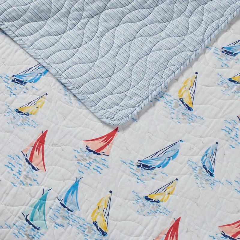 Ahoy Blue Cotton Reversible King Quilt Set