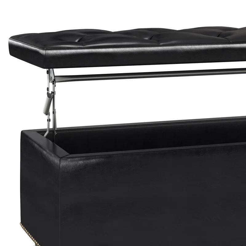 Simpli Home Hamilton 44"W Upholstered Lift-Top Storage Ottoman with Nailhead Trim and Tufted Detailing