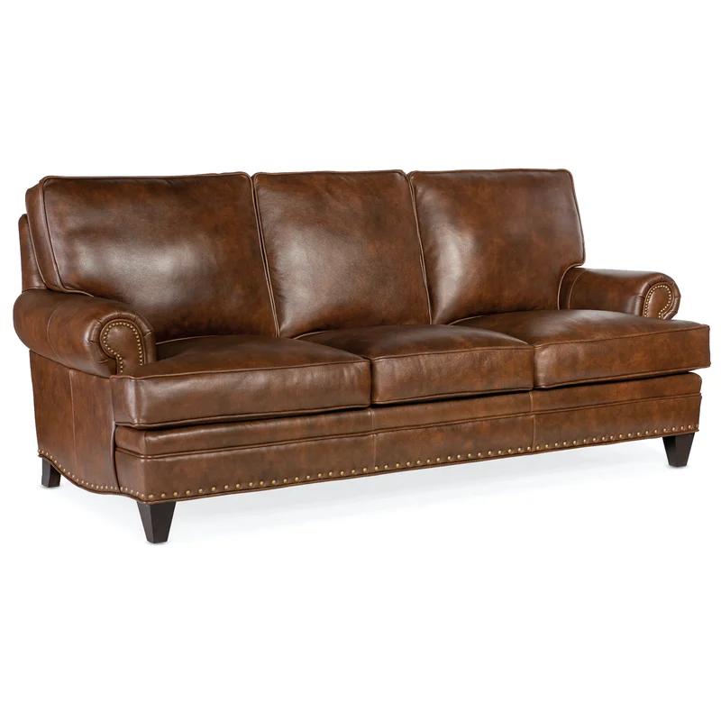 Sable Brown Genuine Leather Sofa with Nailhead Trim and Pillow Back