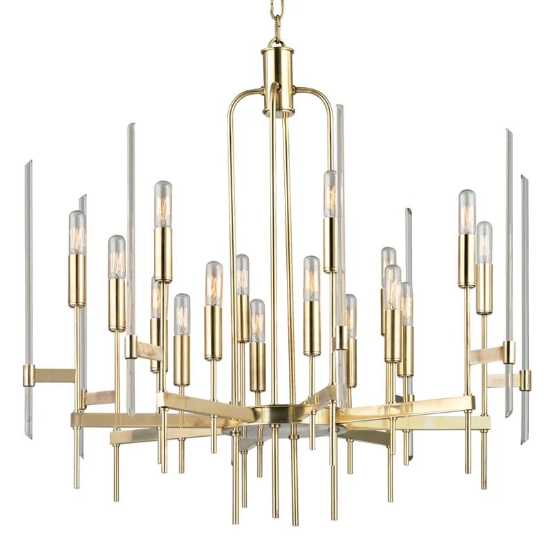 Aged Brass and Crystal Geometric 16-Light Chandelier