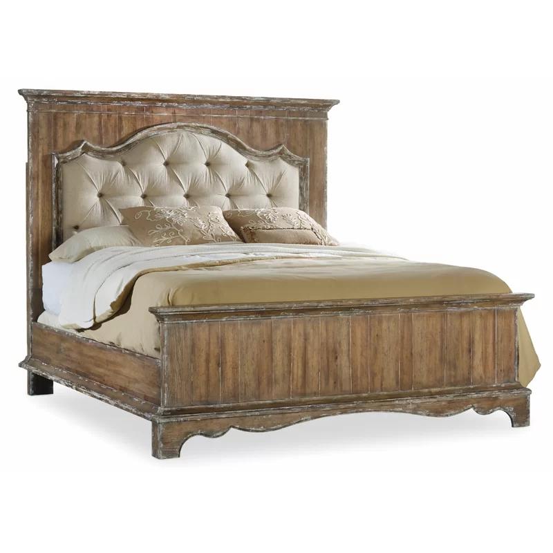 Caramel Froth Tufted Upholstered California King Bed with Pecky Pecan Frame