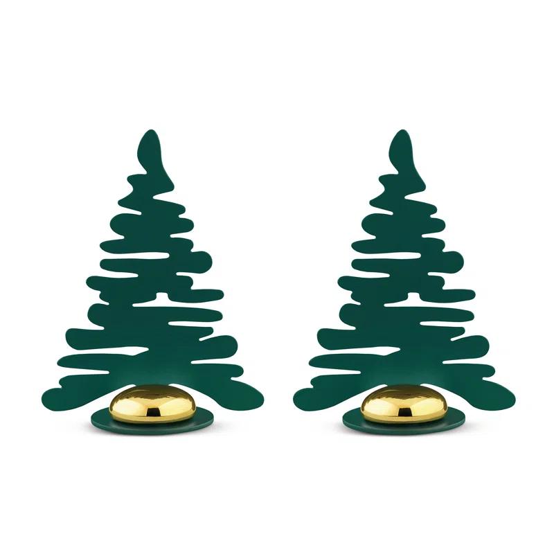 Emerald Green Steel Christmas Tree Figurine Set with Gold Accents