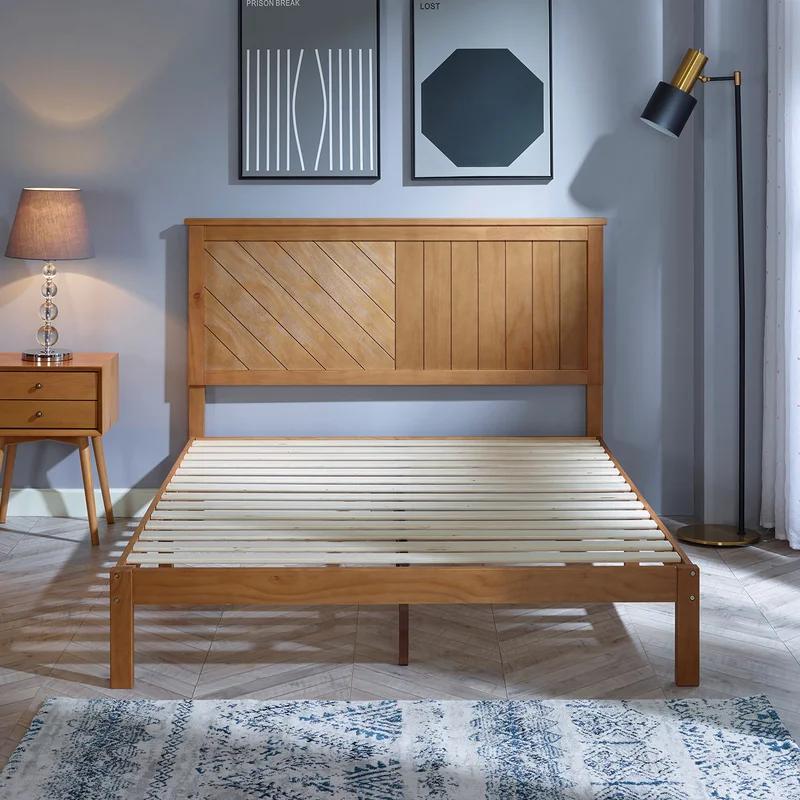 Rustic Pine Finish Solid Wood Queen Platform Bed with Headboard