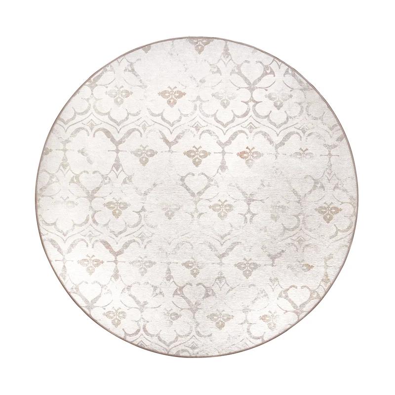 Ivory Round Flat Woven Washable Synthetic Rug