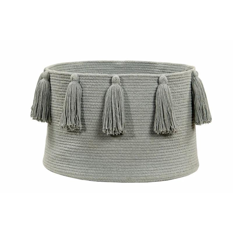 Casual Tassels Light Grey Round Cotton Storage Basket