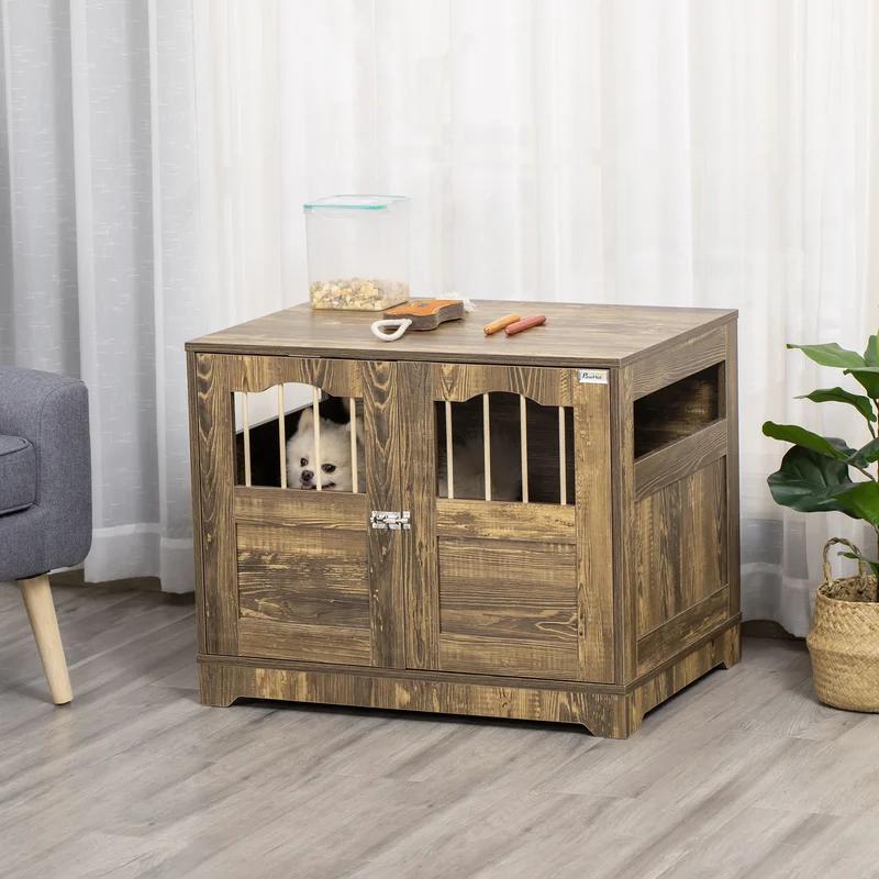 Chic Wooden Pet Crate End Table with Lockable Door, Medium, Brown