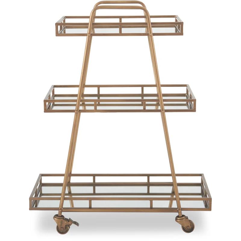 Elegant Antique Gold Rolling Bar Cart with Mirrored Shelves
