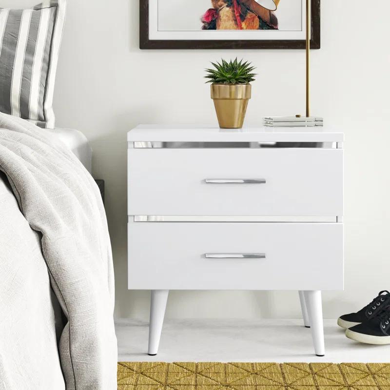 Adore Decor Mid-Century Side Table, 2 Drawers Storage Nightstand, Matte Chrome Handle