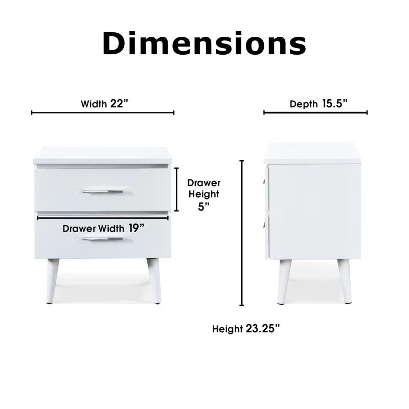 Adore Decor Mid-Century Side Table, 2 Drawers Storage Nightstand, Matte Chrome Handle