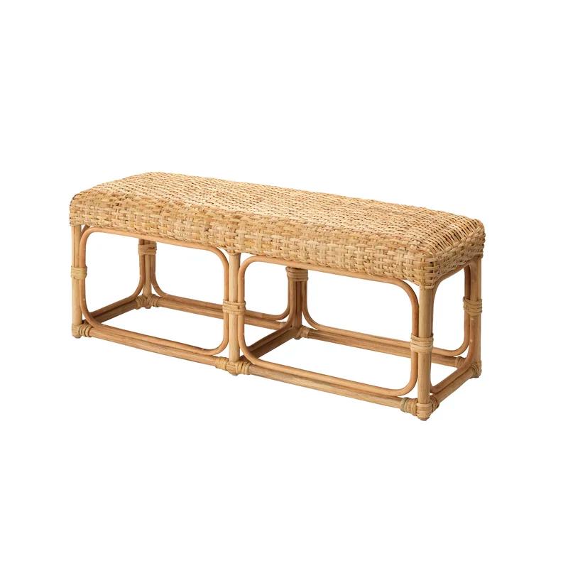 Avery Beige Bohemian Rattan Bench with Light Wood Tone