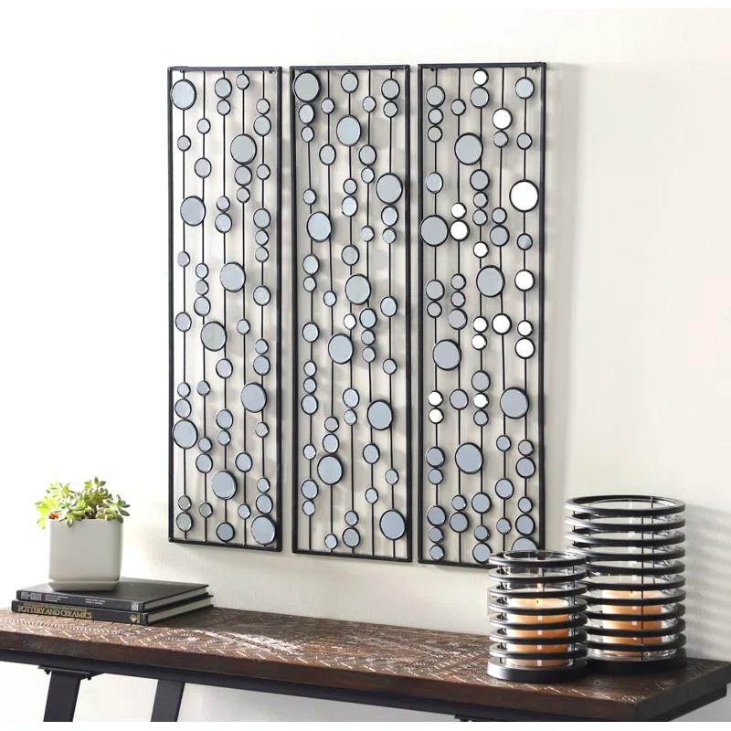 Mercer41 Metal Geometric Black Wall Decor with Round Mirror Accents Set