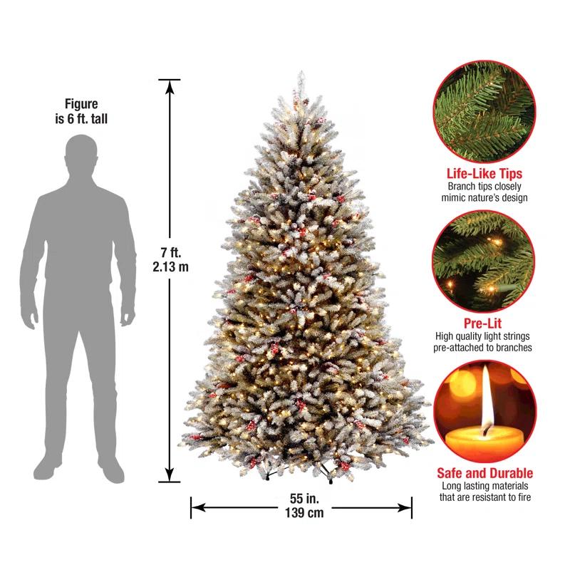 Frosted Dunhill Fir 7' White Lighted Outdoor Christmas Tree with Berries & Cones