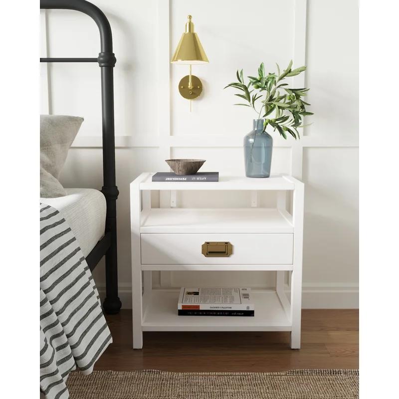Contemporary White Wood and Brass Accent Side Table with Storage