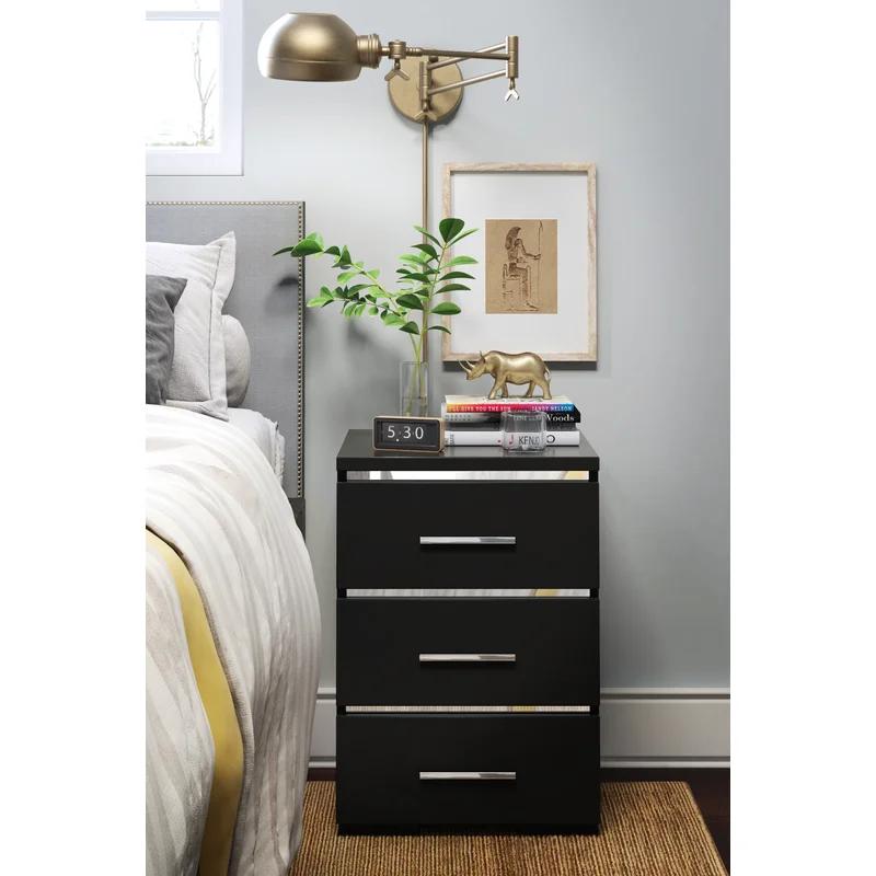 Belmont 3-Drawer Black Nightstand with Chrome Accents
