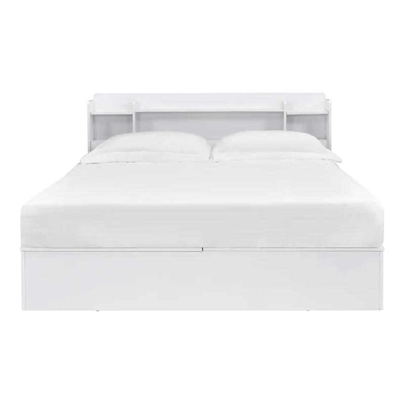 Modern White Leather Queen Storage Bed with Tufted Headboard