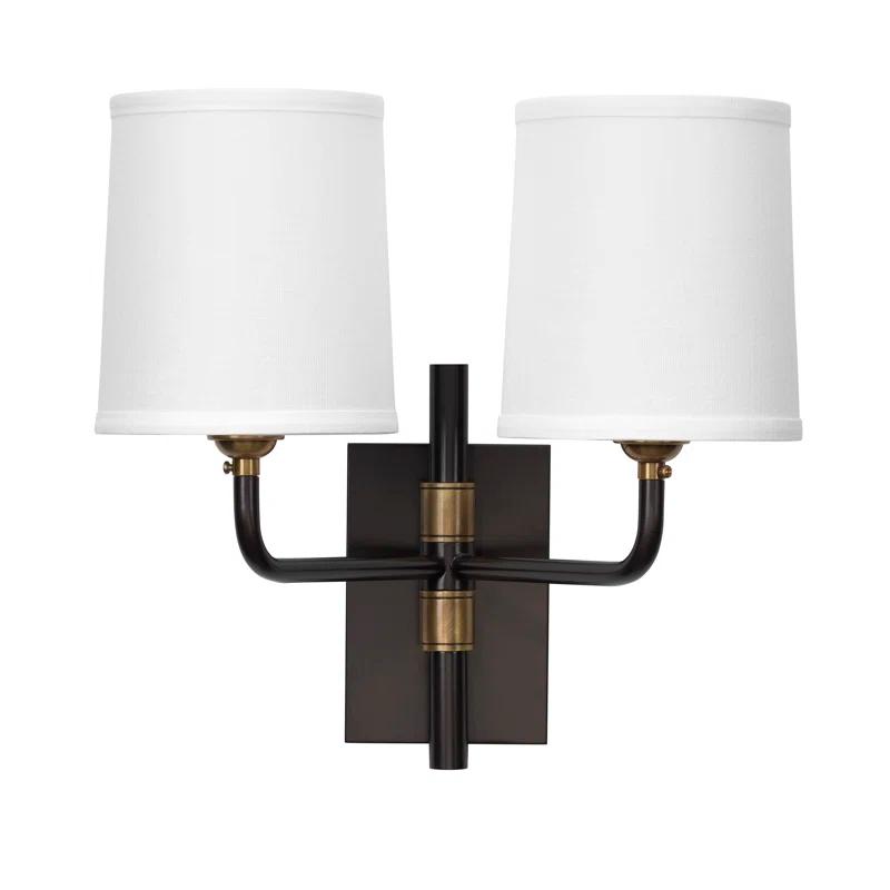 Oil Rubbed Bronze Antique Brass 2-Light Dimmable Sconce with White Linen Shade