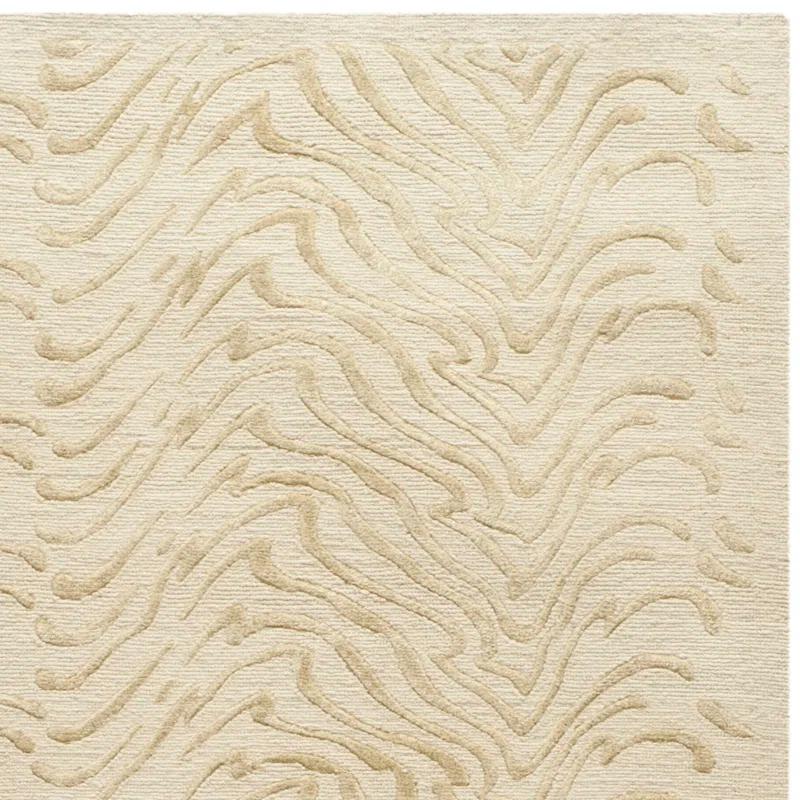 Zen Garden Inspired Ivory Hand-Knotted Wool and Silk Blend Rug