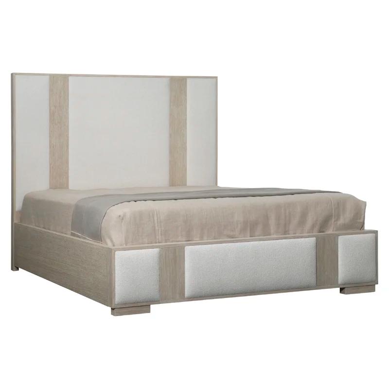 Transitional Dune and Ivory Queen Upholstered Bed with Geometric Headboard