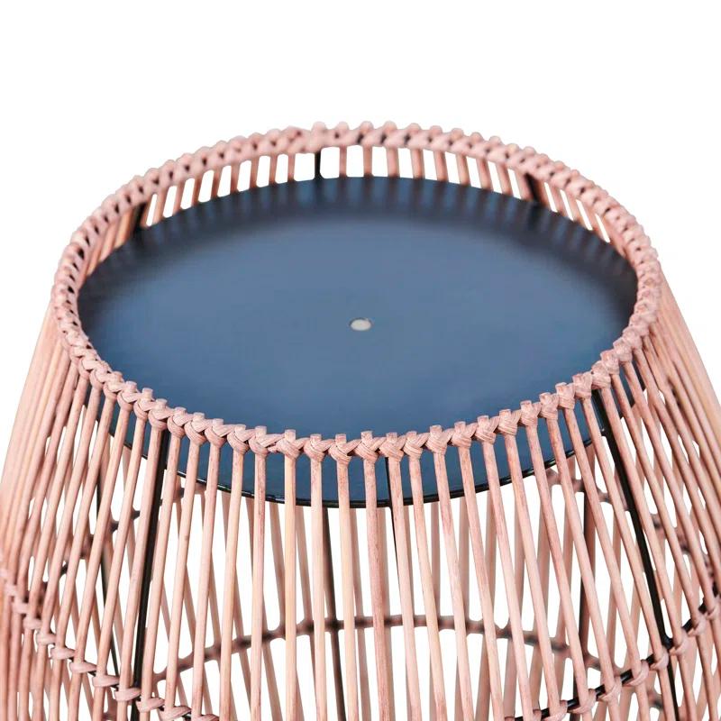 Bay Isle Home™ Bamboo Drum Side Table with Black Iron Top – Weather-Resistant Open Weave Accent Table