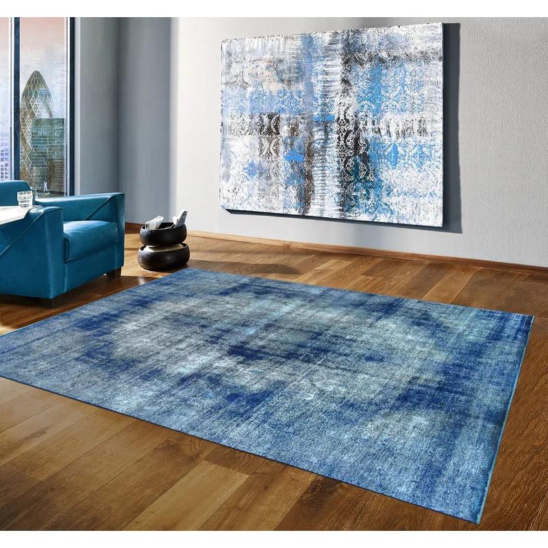 Vintage Overdyed Hand-Knotted Wool Rug in Bold Blue