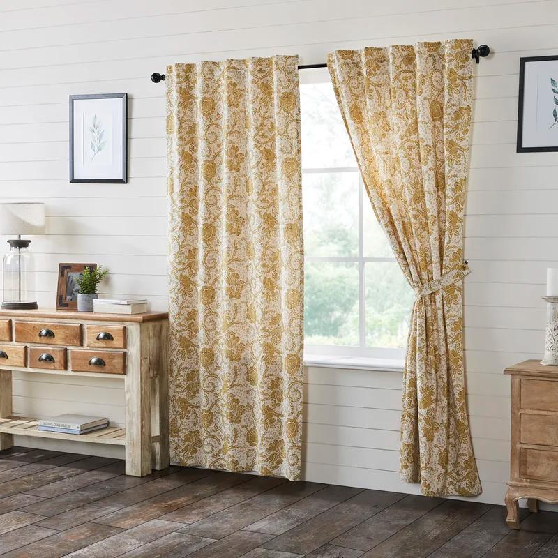 Elegant Dorset Gold Floral Cotton Curtain Pair, 84x40