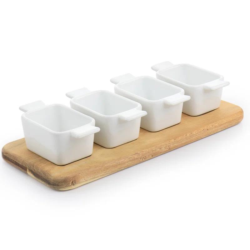 Elegant White Ceramic and Acacia Wood 5-Piece Tidbit Dish Set