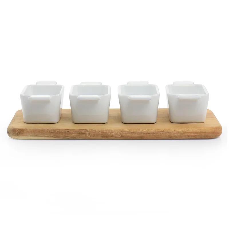 Elegant White Ceramic and Acacia Wood 5-Piece Tidbit Dish Set