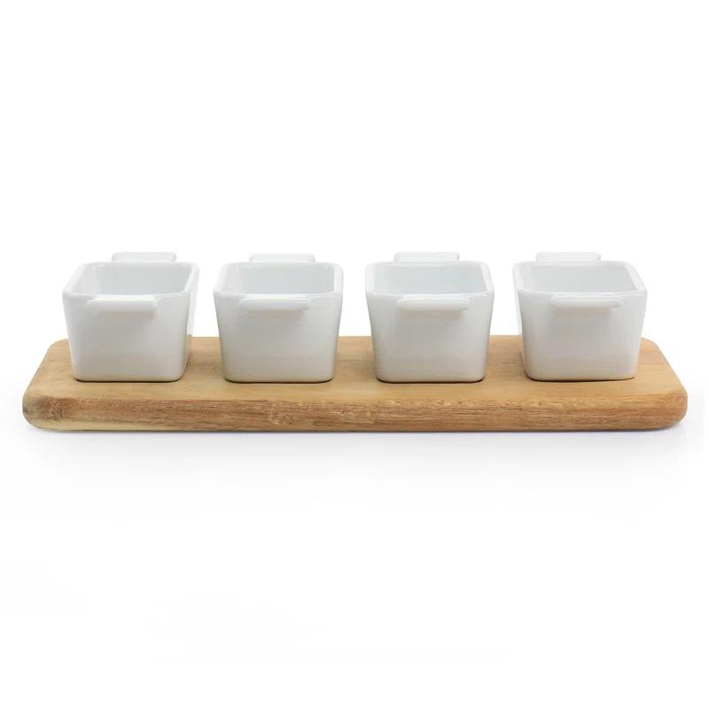 Elegant White Ceramic and Acacia Wood 5-Piece Tidbit Dish Set