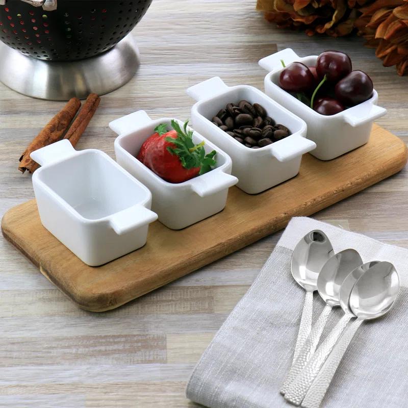Gibson Elite Gibson Elite Gracious Dining 5 Piece Fine Ceramic Tidbit Dish Set With Acacia Wood Base