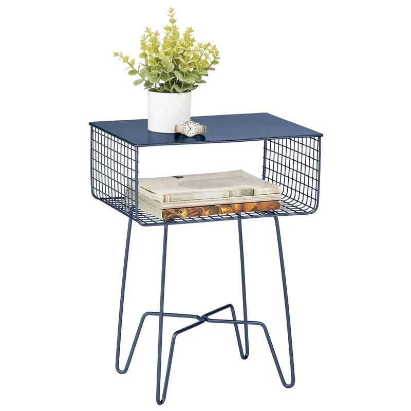 Navy Blue Metal and Wood Rectangular Nightstand with Storage