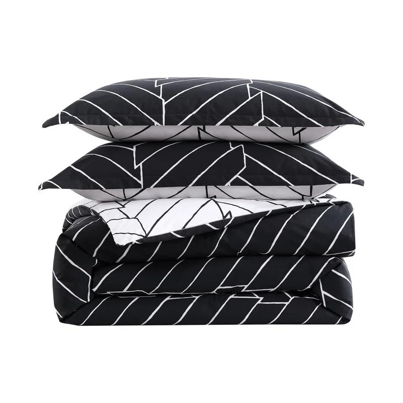 Reversible King Duvet Cover Set in Black and White Herringbone