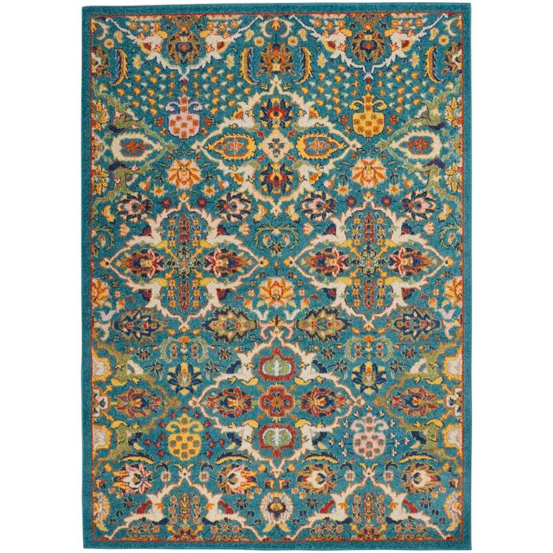 Turquoise Ivory Floral Easy-Care Synthetic 6' x 9' Area Rug