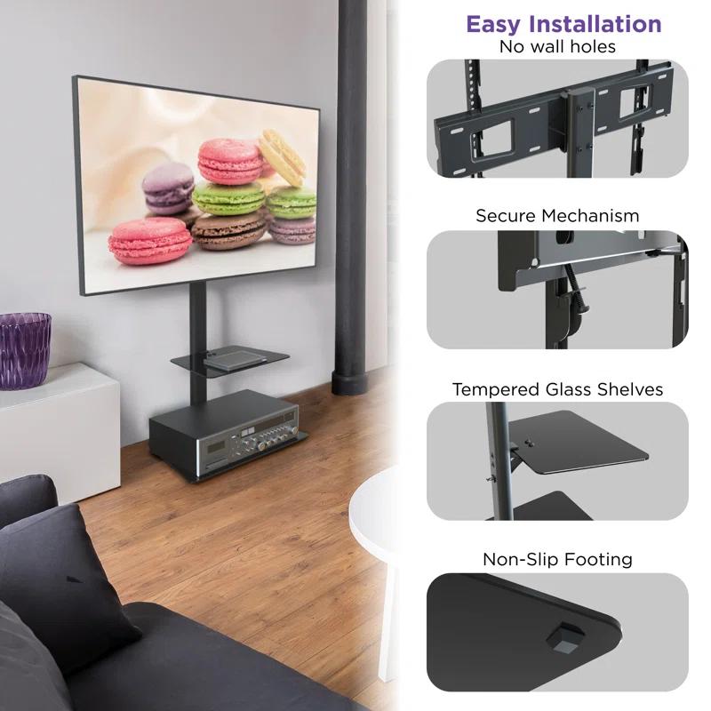 ProMounts Premium Swivel Floor Stand TV Mount with Shelf for 37 to 72 Inch Screens, Holds up to 88Lbs