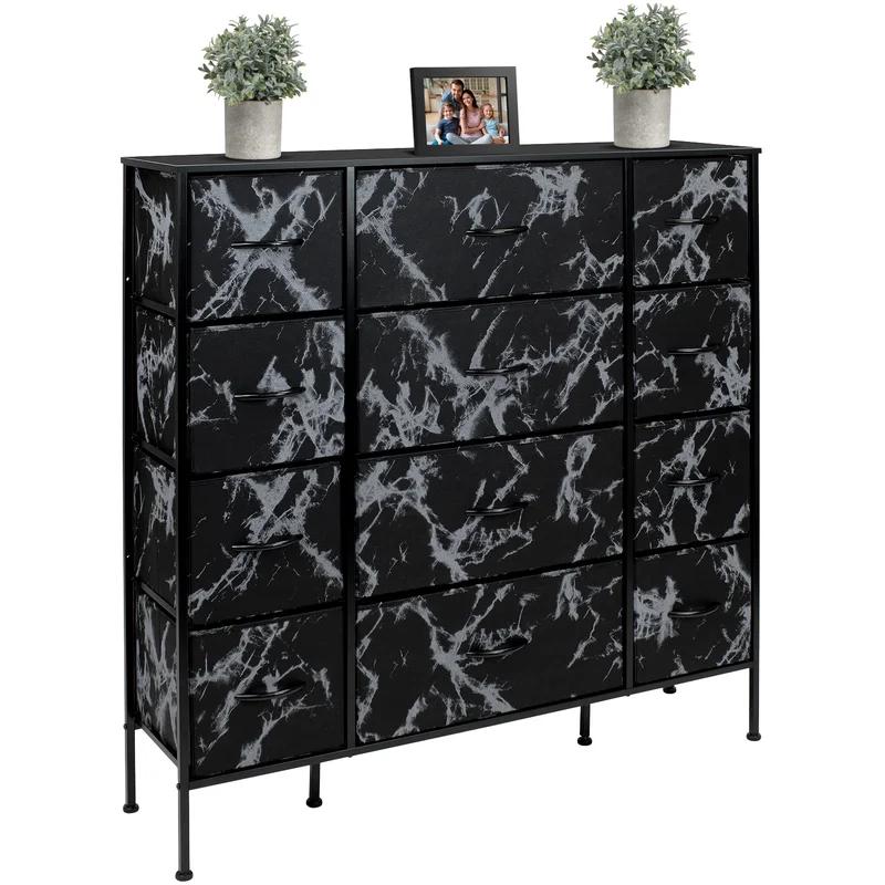 Sleek Black Marble 12-Drawer Vertical Nursery Dresser with Soft Close