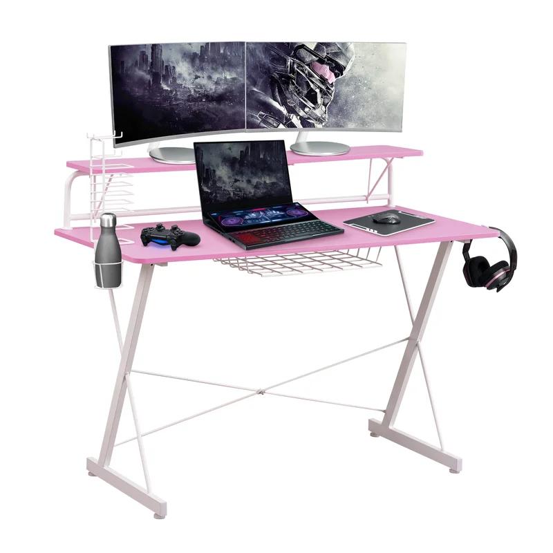Techni Sport Dual Monitor Carbon Fiber Gaming Desk with Cup Holder - Pink