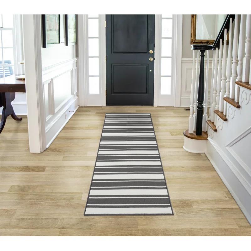 Elegant Dark Grey and White Striped Synthetic Runner Rug