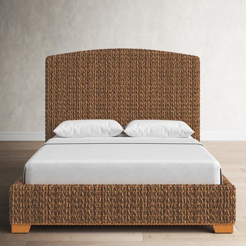 Rustic Cocoa Brown Woven Banana Leaf King Bed with Nailhead Trim