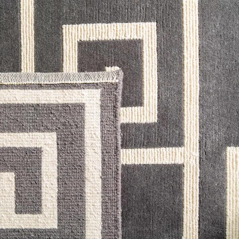 Art Deco Inspired Slate and Cream Hand-Knotted Wool Area Rug
