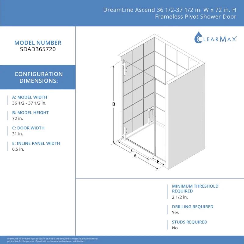 DreamLine Ascend 36 1/2-37 1/2 in. W x 72 in. H Frameless Pivot Shower Door