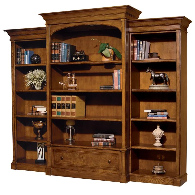 Adjustable Brown Ash Wood 85" Bookcase with Drawers