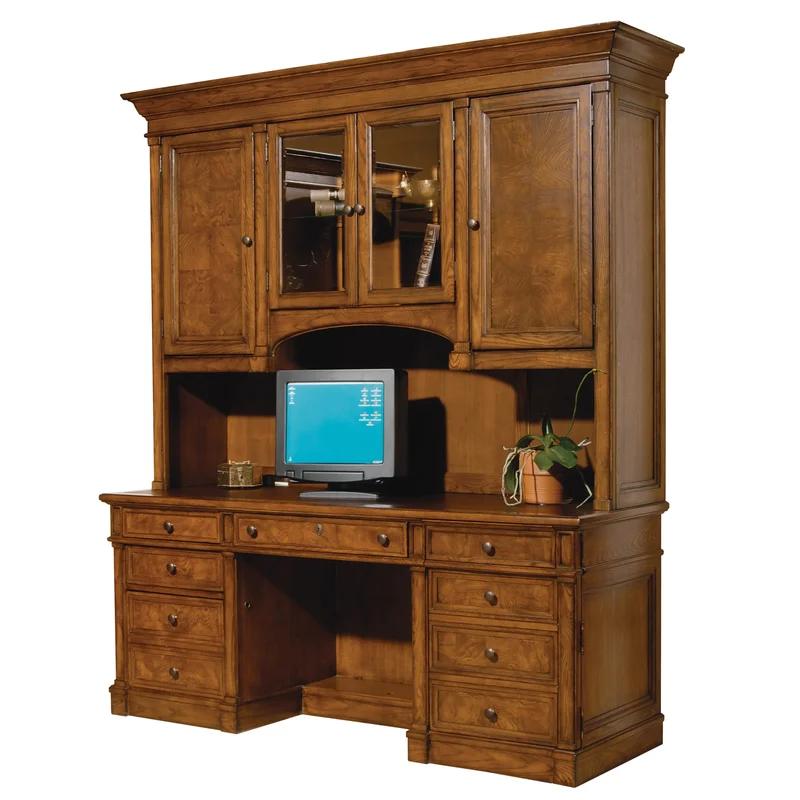 Brown Wood Executive Desk with Drawers and Power Outlet