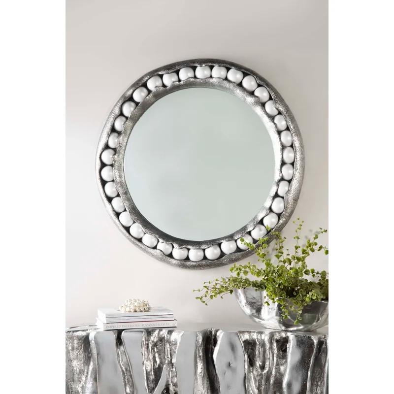 Silver Leaf Organic Round Wood Mirror with Beaded Accents