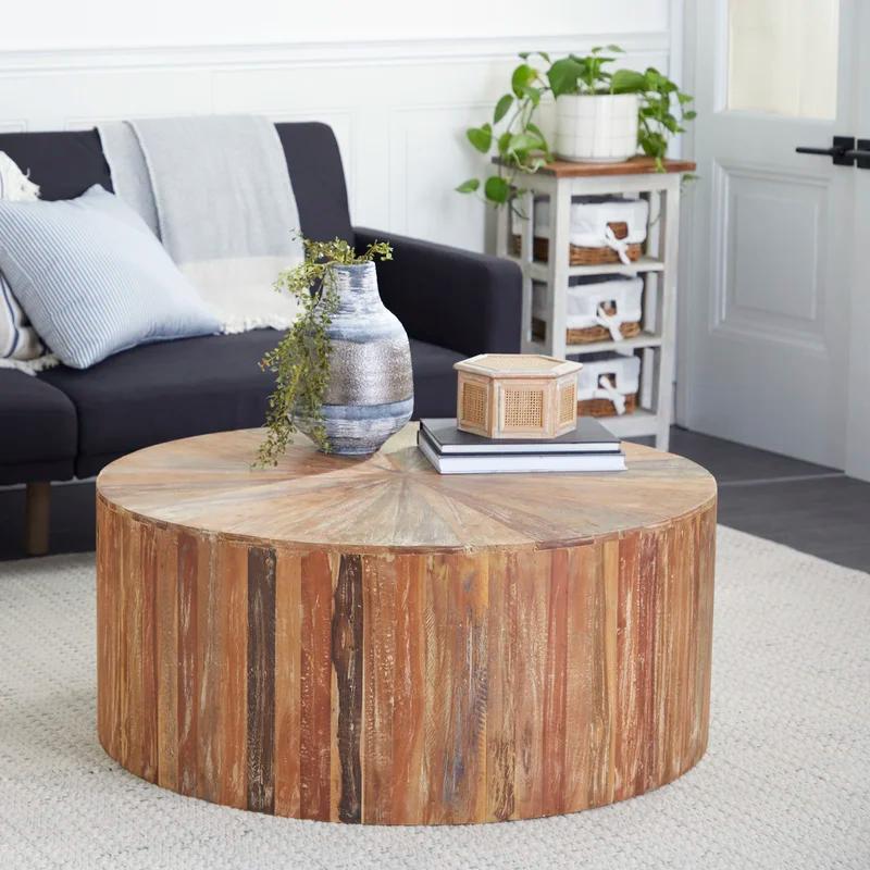 Round Reclaimed Wood Outdoor Coffee Table with Storage