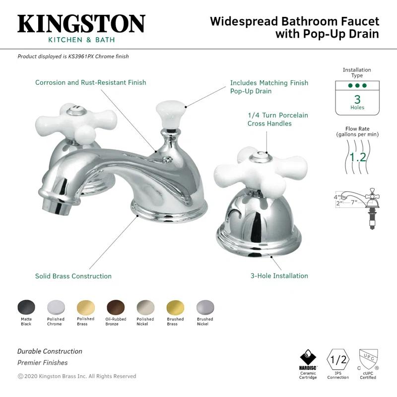 Kingston Brass Restoration Two-Handle 3-Hole Deck Mount Widespread Bathroom Faucet with Brass Pop-Up Drain