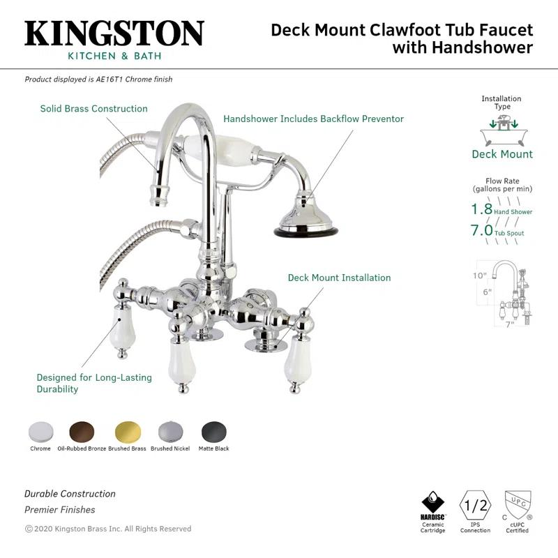 Kingston Brass Aqua Vintage Three-Handle 2-Hole Deck Mount Clawfoot Tub Faucet with Hand Shower