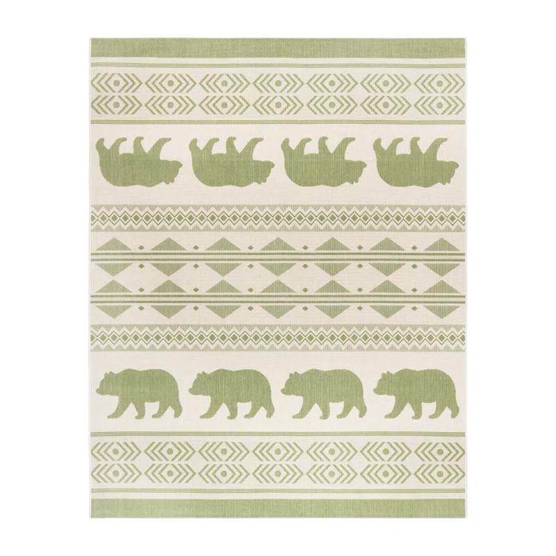 Ivory and Green Geometric Bear Flatweave Rug 8' x 10'