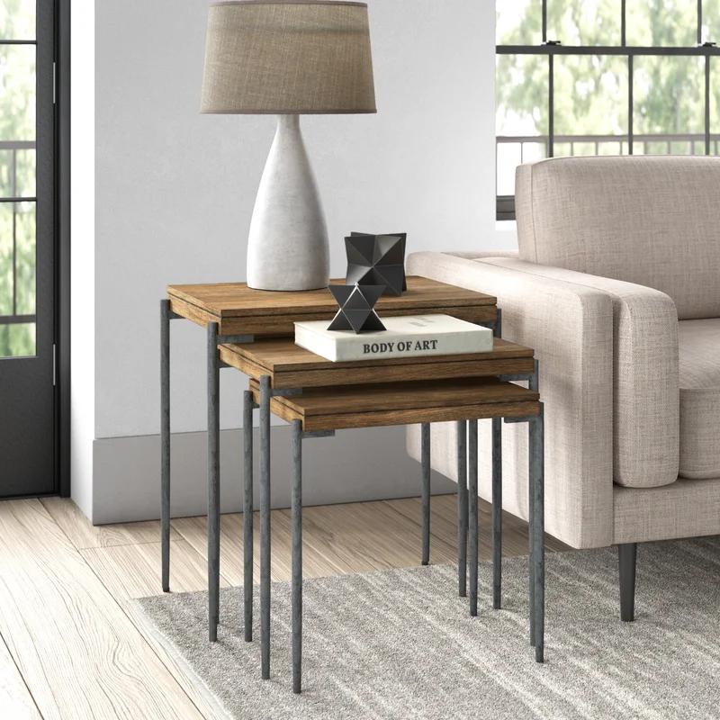 Transitional Brown Wood & Metal 24" Nesting Tables Set